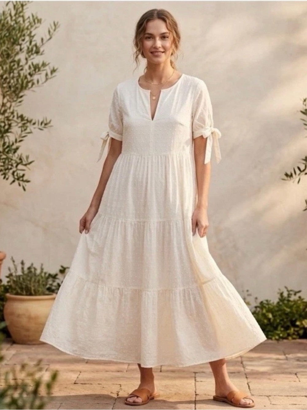 Madewell Tie-Sleeve Tiered Midi Dress in Swiss Dot - Off-White Size XL